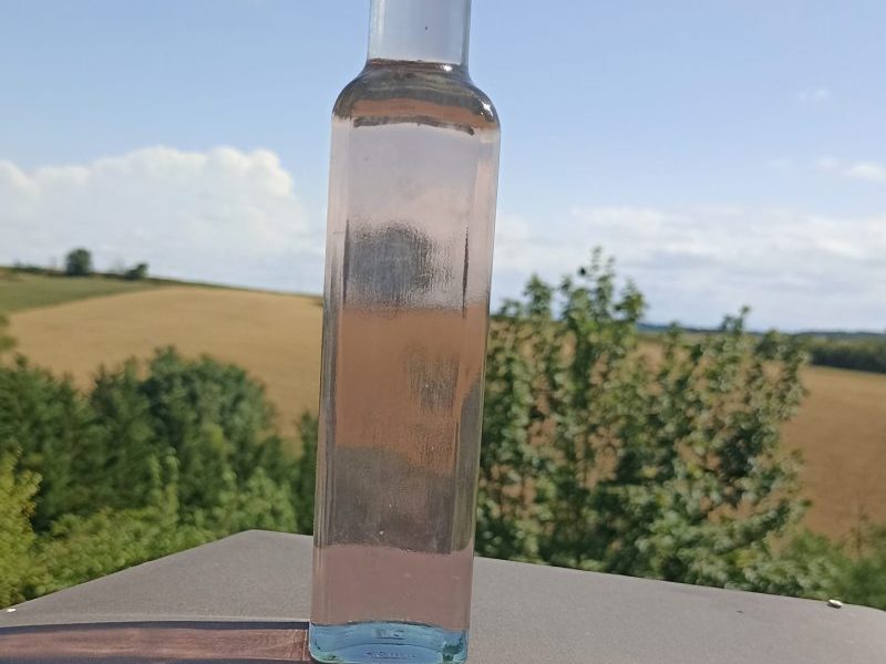 Sirop de mauve sylvestre maison dans une bouteille en verre, couleur rose violacé